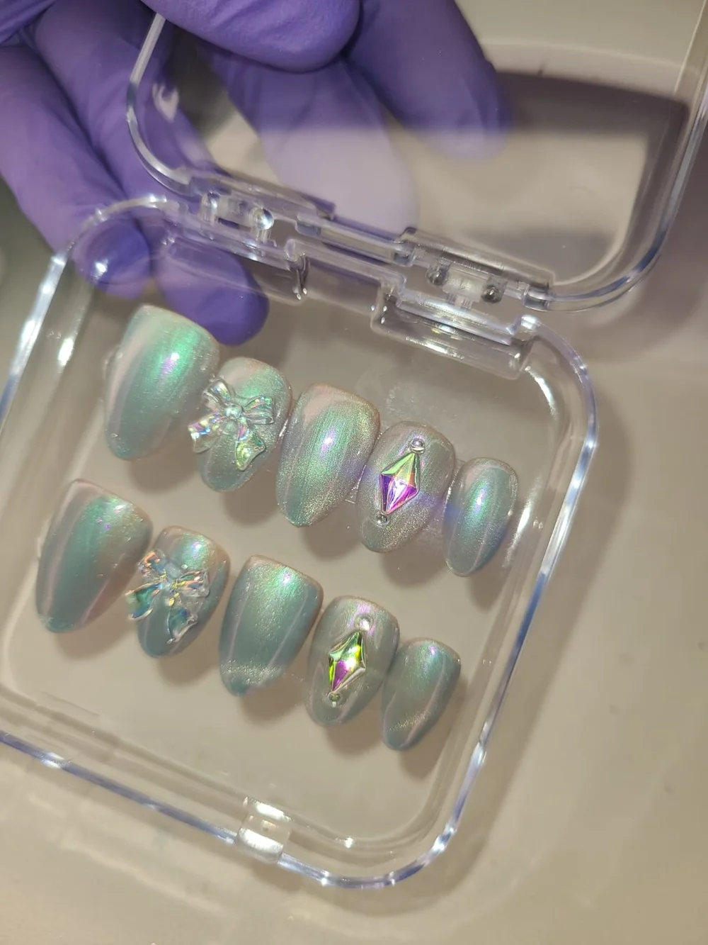 Size (M) Gel Press-On Nails - Iridescent Pearl with Rhinestone Accents